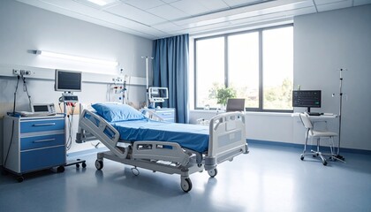 Hospital patient bed in ICU room with bright window.