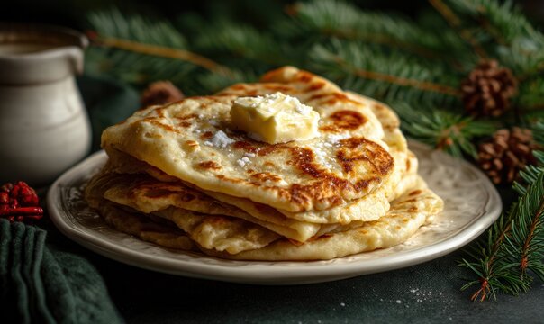 Warm lefse stack adorned with butter, a Minnesota winter heritage treat
