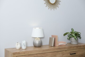 Lamp, books, vases and green houseplant on wooden cabinet near white wall indoors