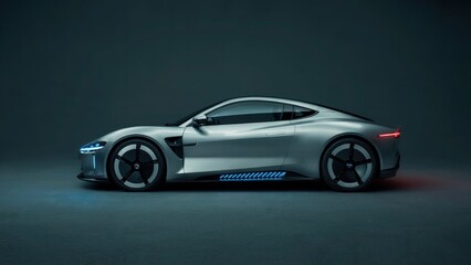 Side view of a silver electric car with glowing lights on a dark background in a studio setting