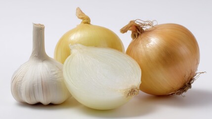 Fototapeta premium Garlic and Whole and Halved Brown Onions on White Background closeup view