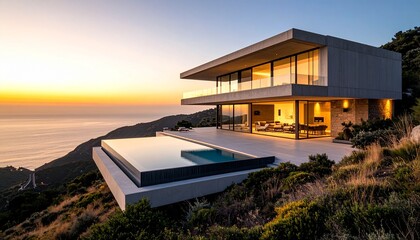 Fototapeta premium Sunset-lit minimalist villa with ocean backdrop and open terrace.
