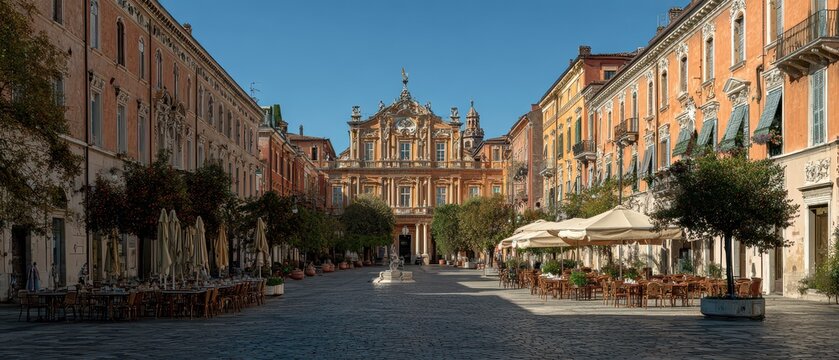 Sunny square with outdoor dining