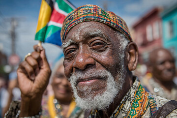 Obraz premium Elderly Caribbean man waving his nation's flag with pride during the West Indian Day Parade, smile full of emotion, surrounded by generations of family and community
