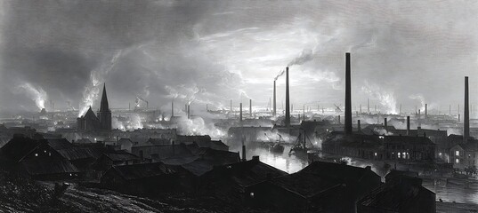 Obraz premium Smoke-stacked skylines of 1873, where coal-powered chimneys eclipsed spires and poisoned the air
