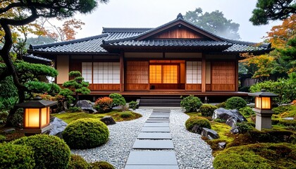Obraz premium Traditional Japanese house with wooden frame and lantern lighting.