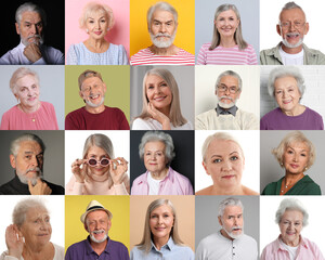 Senior men and women on different colors backgrounds, collage of portraits