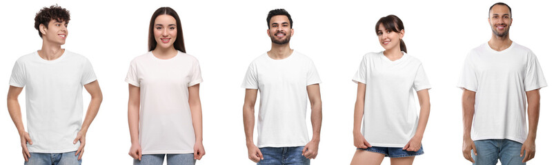 Different people in white t-shirts against white background. Mockup for design