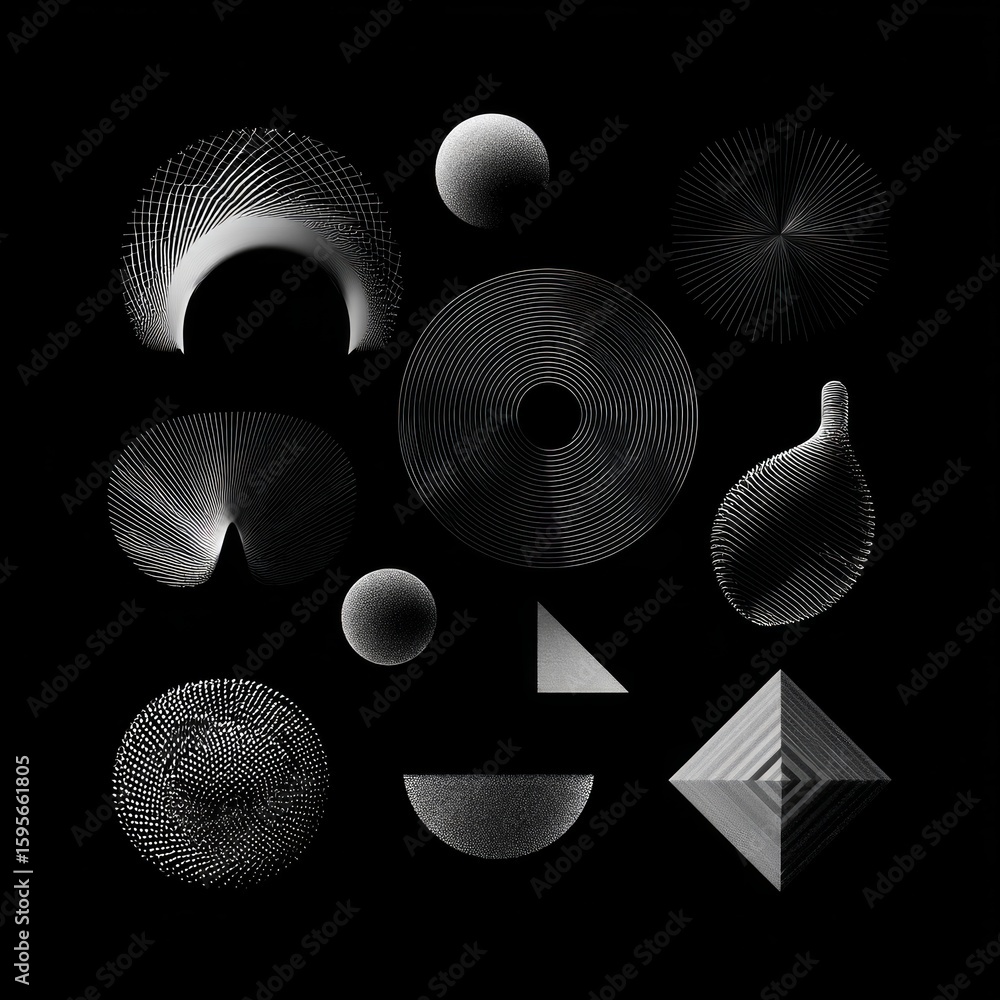 Aufkleber geometric forms: an array of abstract geometric shapes dance in the darkness, illuminated in graysca