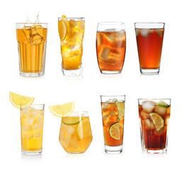 Iced tea. Different types of drinks in glasses isolated on white, set