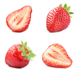 Fresh juicy strawberries isolated on white, collage. Whole and sliced