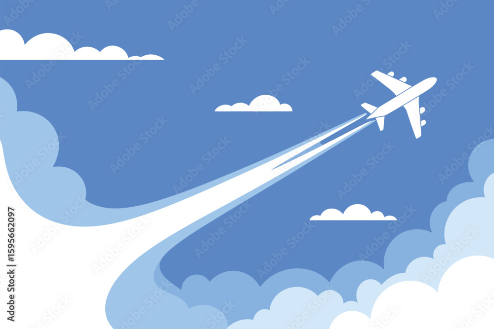 Poster an airplane flying in a blue sky with white clouds and contrails creating a travel themed compositio