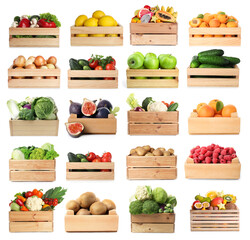 Many fresh ripe fruits and vegetables in wooden crates isolated on white, collage