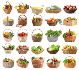 Many different fresh vegetables in wicker baskets isolated on white, set