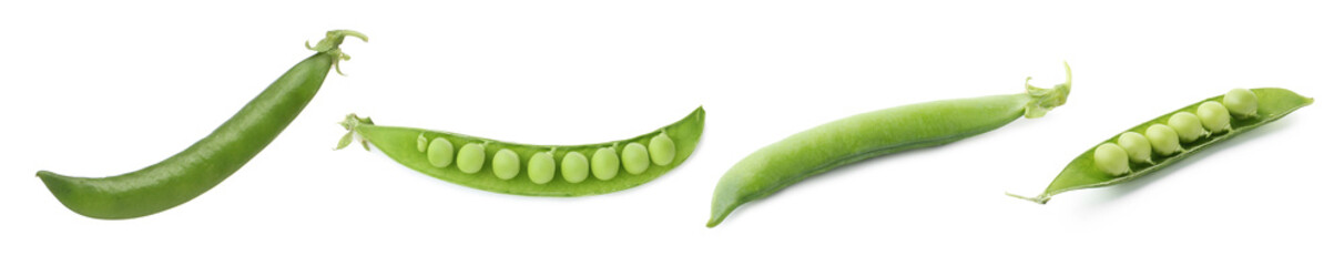 Fresh green peas in pods isolated on white, set