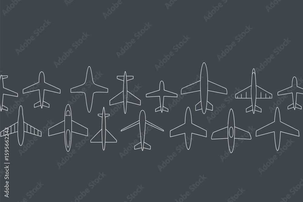 Poster line art illustration featuring multiple airplane outlines on a dark gray background in a repeating 