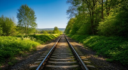 Obraz premium Scenic railway track stretching towards the horizon amidst lush green landscapes