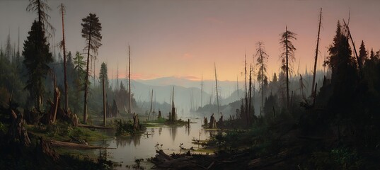 Obraz premium Silent Death: Forest Withering as Expanding Industrial City Creeps Closer, 1883 Pollution Legacy