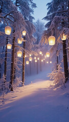 Magical winter forest with glowing lanterns and snow-covered trees