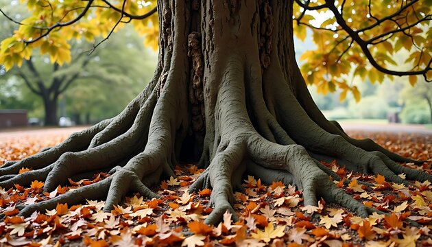 Large tree roots spread out over autumn leaves in a park.