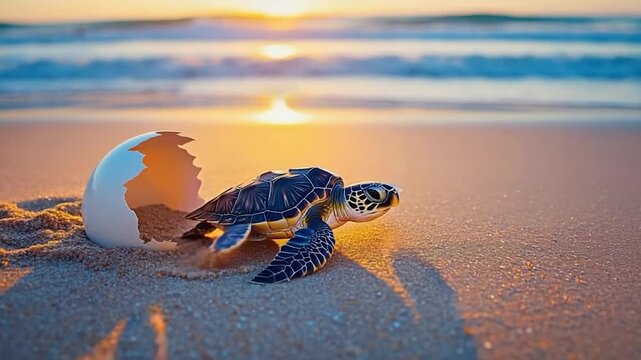A baby sea turtle emerging from its cracked egg shell on a sandy beach at sunrise