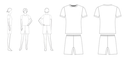 女子サッカーユニフォームのテンプレート（前・後・横・平面図）  
Women's Soccer Uniform Template &ndash; Front, Back, Side & Flat Views
