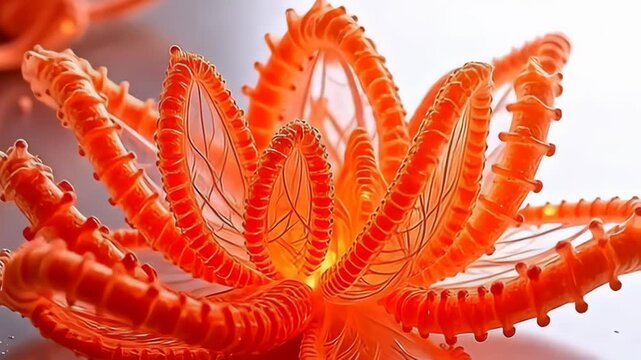 Translucent string of molecular structure coil outwards same cosmic lotus petal, throb and glittering inwards angstrom spectrum of tender orange and reds, elicit angstrom sentience of