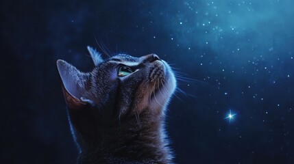Dark cat looking up at starry night sky with bright stars. Cosmic feline curiosity, mysterious atmosphere, pet wonder, celestial beauty.
