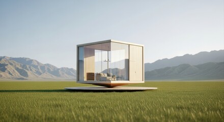 Futuristic Rotating Balance House in Meadow Landscape