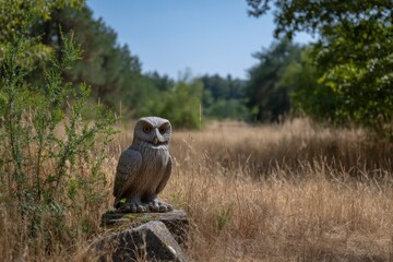 Stone owl statue sits on a stone in a grassy field facing forward