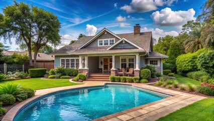 Classic American Bungalow House with a Well-Kempt Front Yard and a Sparkling Blue Swimming Pool, Greenery, Residential Architecture