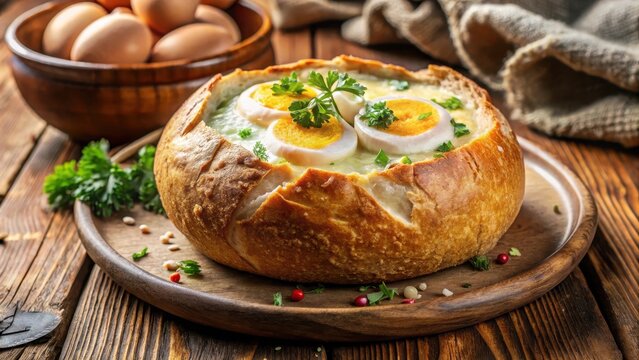 Traditional zurek soup in a crusty bread bowl with a soft-boiled egg on top, soup, meal,  soup, meal, boiled, hearty,bread, bowl