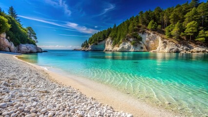 Obraz premium Sandy beach with white pebbles and crystal clear turquoise water surrounded by limestone cliffs and pine trees in the background , turquoise water, lindos bay