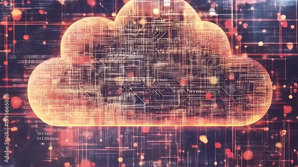 Poster glowing cloud shape with circuitry pattern against digital data streams abstract technology concept.