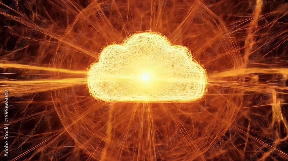 Aufkleber abstract digital cloud glowing within energy beams and circles against a warm orange backdrop sugges