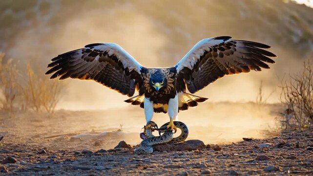 A majestic eagle, wings outstretched, holds a snake in its talons on a dusty, arid landscape at dawn or dusk