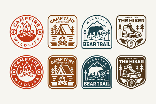 Vintage camp and hiking logo badge set. Campfire and tent adventure label design. Bear trail wildlife outdoor emblem pack. Retro hiking boot patch. Outdoor travel, forest trail vector illustration