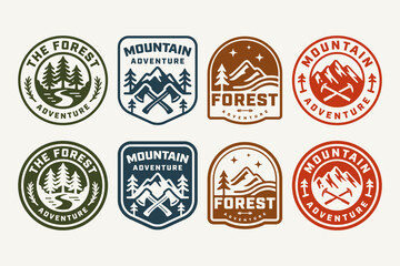 Forest and mountain adventure logo badge bundle. Retro outdoor emblem set with hiking and camping theme. Mountain forest explorer patch pack. Rustic nature and trekking sticker. Vector illustration