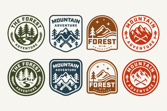 Forest and mountain adventure logo badge bundle. Retro outdoor emblem set with hiking and camping theme. Mountain forest explorer patch pack. Rustic nature and trekking sticker. Vector illustration - Powered by Adobe