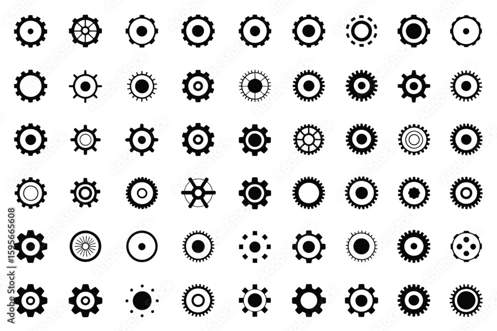 Poster a collection of fifty different black gear and cog icons arranged in a grid on a white background
