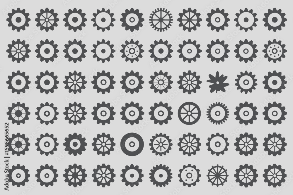 Poster a collection of various gear designs arranged in rows and columns on a gray background pattern view