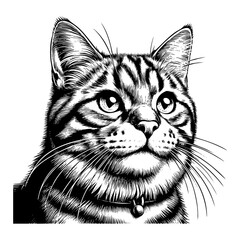 Obraz premium Cute cat sketch engraving black and white outline. Scratch board imitation. illustrated in vintage line art style on a white background.