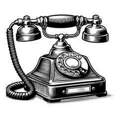 Retro telephone sketch engraving black and white outline. Scratch board imitation.  illustrated in vintage line art style on a white background.