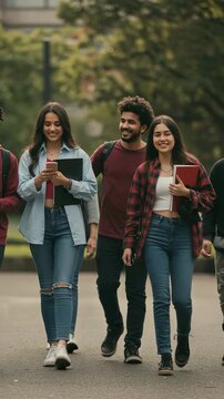 Group of students walking together on campus with books and phones during a sunny afternoon