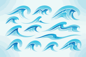 Fototapeta premium A collection of stylized blue wave illustrations arranged on a light blue and white gradient background
