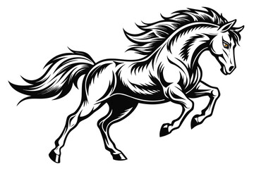 Obraz premium Black and white illustration of a running horse with detailed mane and tail