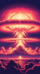 Dramatic depiction of a colossal explosion in a surreal landscape painting with vibrant colors