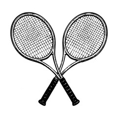 Tennis racket crossed sketch engraving black and white outline. Scratch board imitation.  illustrated in vintage line art style on a white background.