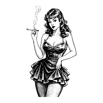 Pin-up woman smoking cigar sketch engraving black and white outline. Scratch board imitation.  illustrated in vintage line art style on a white background.