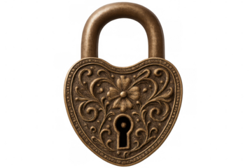 Vintage heart-shaped padlock featuring an ornate floral design, isolated on a transparent background, symbolizes love, security, and secrets